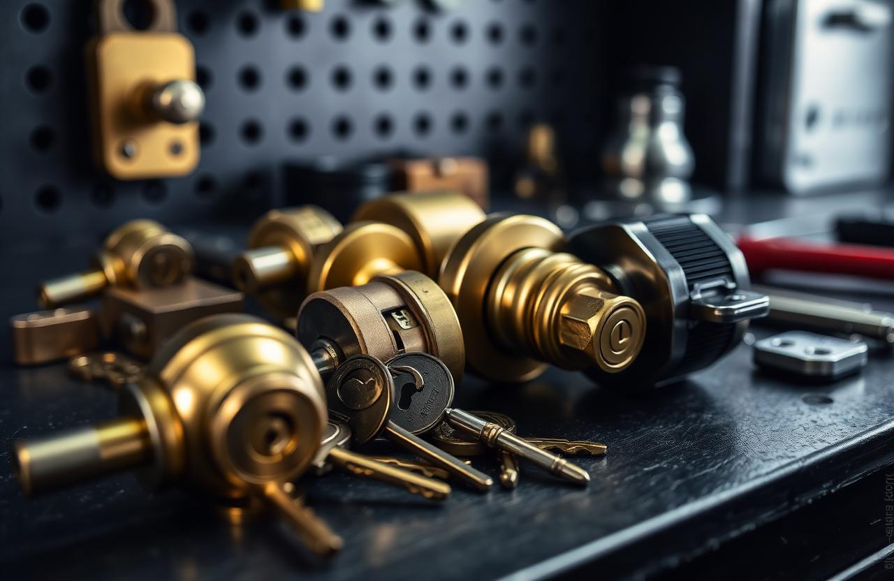 High-security door lock cylinders and keys on a Cape Town locksmith's workbench